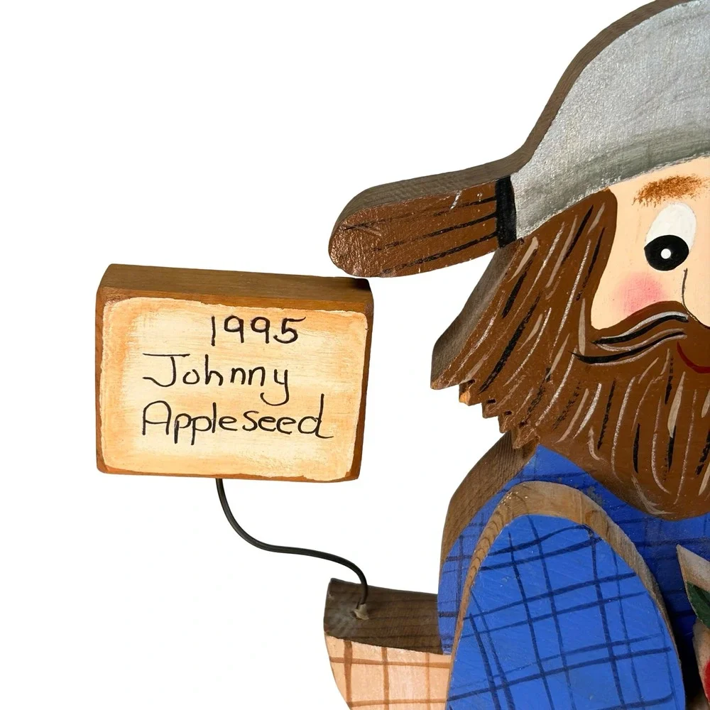 Vintage 1995 Johnny Appleseed Hand Painted Wood Folk Art Wall Decor Signed 7" - Picture 4 of 10